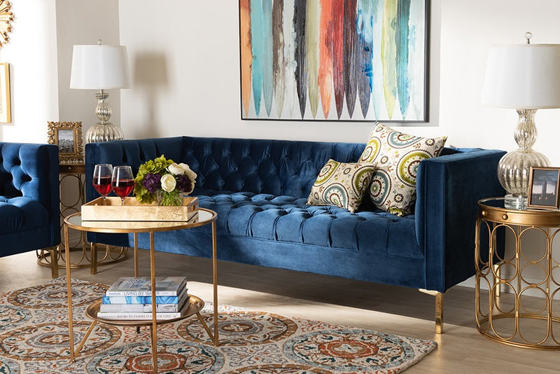 Zanetta Navy Velvet Upholstered Gold Finished Sofa iHome Studio