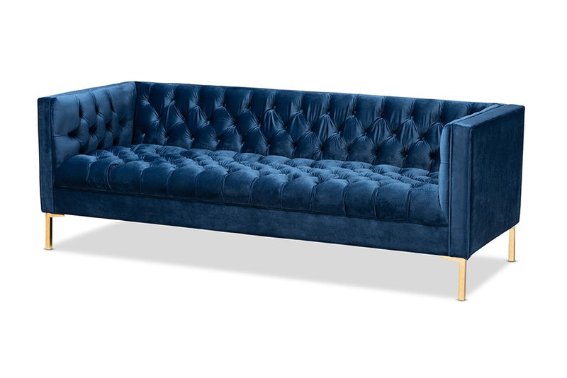 Zanetta Navy Velvet Upholstered Gold Finished Sofa iHome Studio