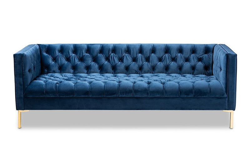 Zanetta Navy Velvet Upholstered Gold Finished Sofa iHome Studio