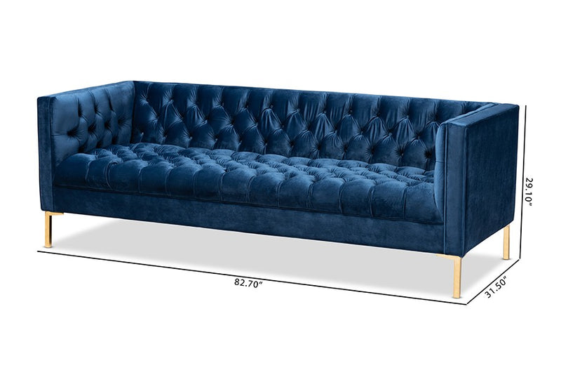 Zanetta Navy Velvet Upholstered Gold Finished Sofa iHome Studio