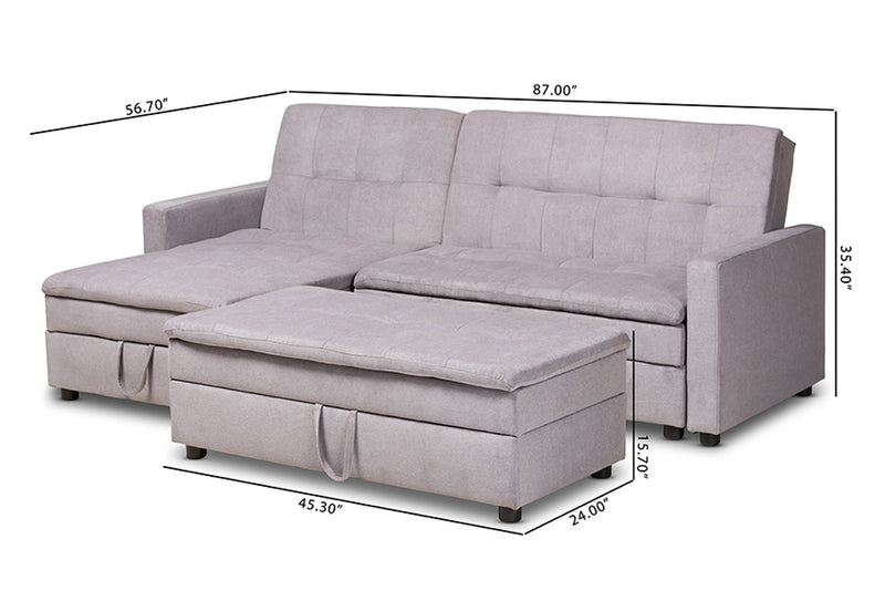 Noa Light Grey Fabric Upholstered Left Facing Storage Sectional Sleeper Sofa with Ottoman iHome Studio