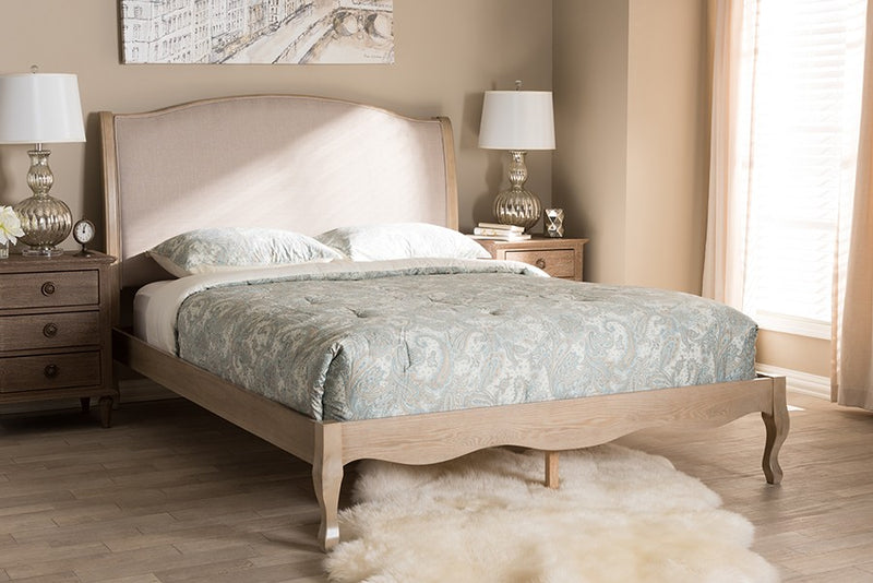 Lorelei Beige Fabric Upholstered Light Oak Platform Bed (Queen) iHome Studio