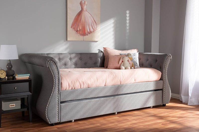 Cherine Grey Fabric Upholstered Daybed w/Trundle (Twin) iHome Studio