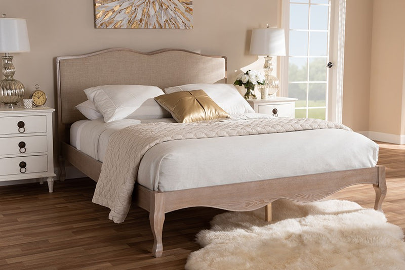 Campagne Beige Fabric Upholstered Light Oak Platform Bed (Queen) iHome Studio