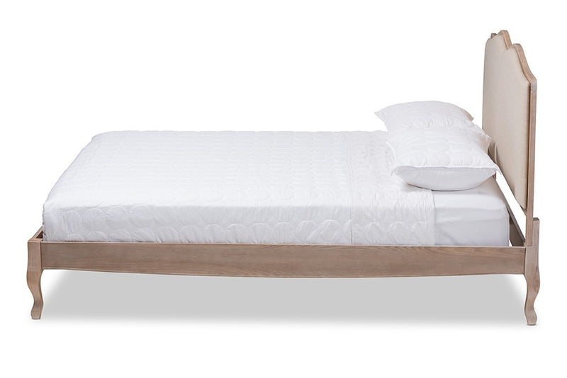 Campagne Beige Fabric Upholstered Light Oak Platform Bed (Queen) iHome Studio