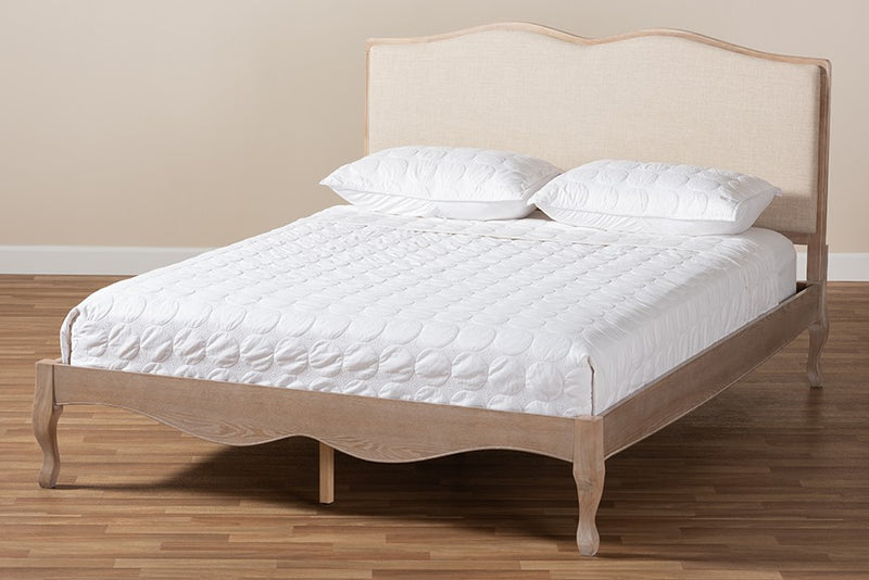 Campagne Beige Fabric Upholstered Light Oak Platform Bed (Queen) iHome Studio