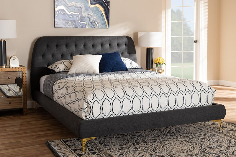 Ingrid Dark Grey Fabric Upholstered Gold Legs Platform Bed (Full) iHome Studio