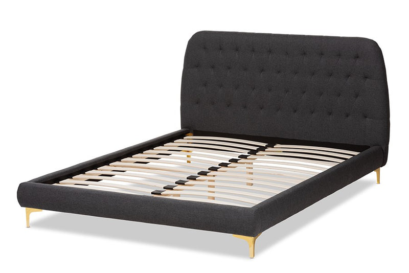 Ingrid Dark Grey Fabric Upholstered Gold Legs Platform Bed (Queen) iHome Studio