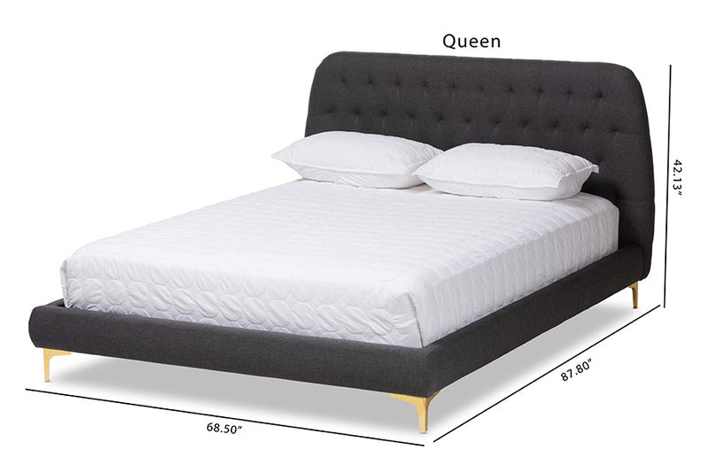 Ingrid Dark Grey Fabric Upholstered Gold Legs Platform Bed (Queen) iHome Studio
