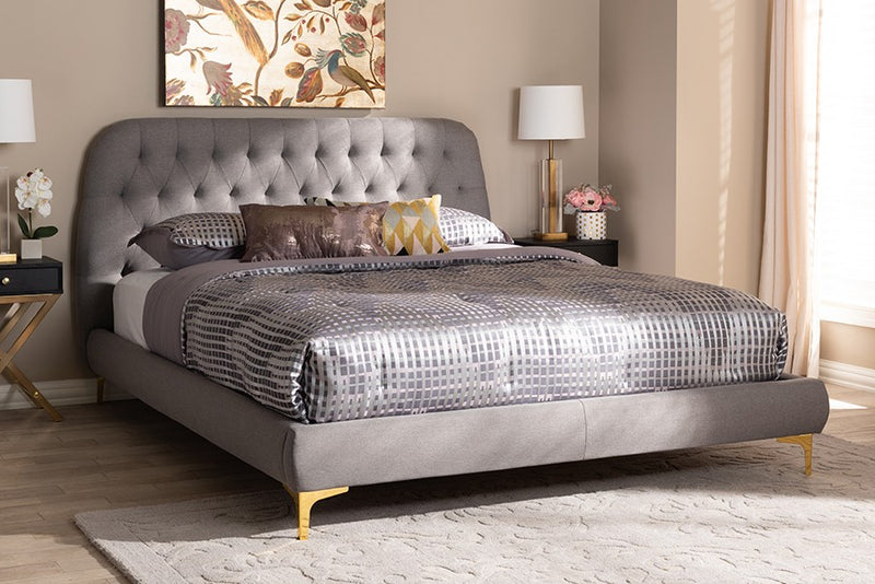 Ingrid Light Grey Fabric Upholstered Gold Legs Platform Bed (Full) iHome Studio