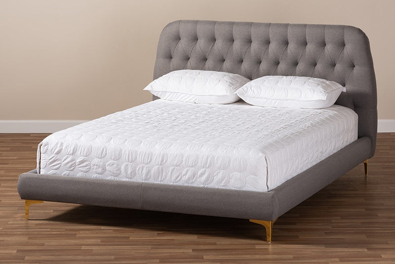 Ingrid Light Grey Fabric Upholstered Gold Legs Platform Bed (Queen) iHome Studio