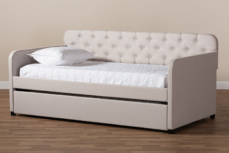 Camelia Beige Fabric Upholstered Tufted Sofa Daybed w/Roll-Out Trundle (Twin) iHome Studio