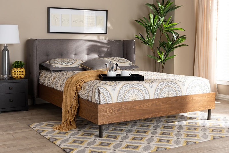 Catarina Grey Fabric Upholstered Walnut Wood Wingback Platform Bed (Queen) iHome Studio