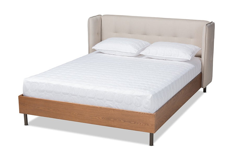 Catarina Light Beige Fabric Upholstered Walnut Wood Wingback Platform Bed (Full) iHome Studio