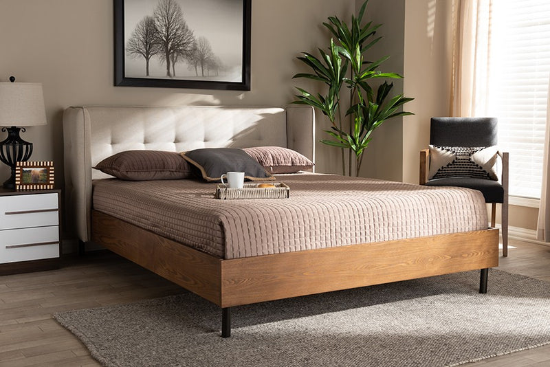 Catarina Light Beige Fabric Upholstered Walnut Wood Wingback Platform Bed (Queen) iHome Studio