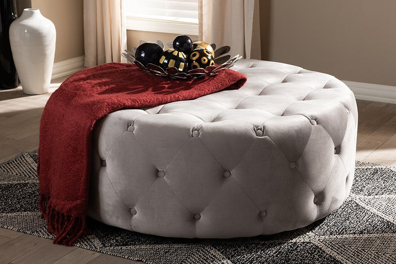 Isaac Transitional Grey Velvet Fabric Upholstered Button Tufted Cocktail Ottoman iHome Studio