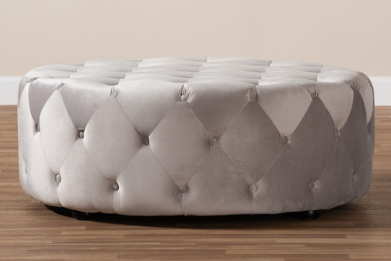 Isaac Transitional Grey Velvet Fabric Upholstered Button Tufted Cocktail Ottoman iHome Studio