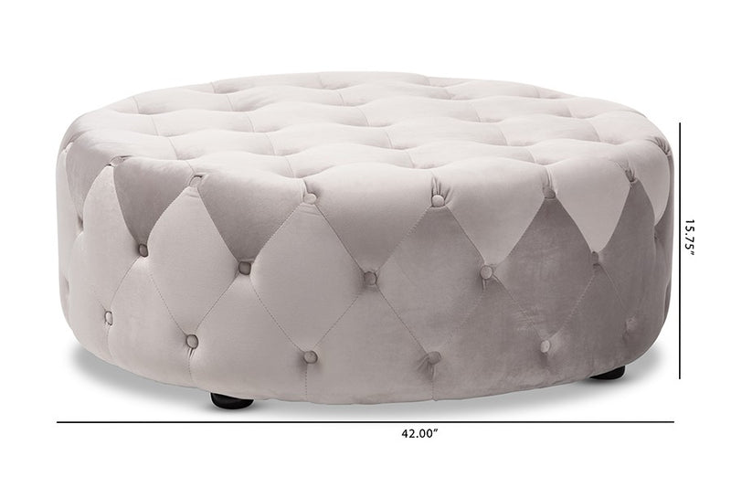 Isaac Transitional Grey Velvet Fabric Upholstered Button Tufted Cocktail Ottoman iHome Studio