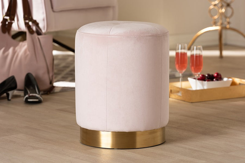 Elijah Pink Velvet Fabric Upholstered Gold-Finished Ottoman iHome Studio