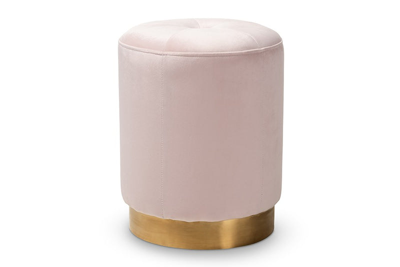 Elijah Pink Velvet Fabric Upholstered Gold-Finished Ottoman iHome Studio