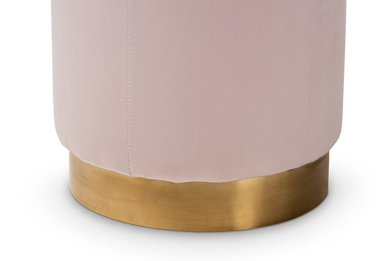 Elijah Pink Velvet Fabric Upholstered Gold-Finished Ottoman iHome Studio