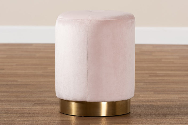 Elijah Pink Velvet Fabric Upholstered Gold-Finished Ottoman iHome Studio