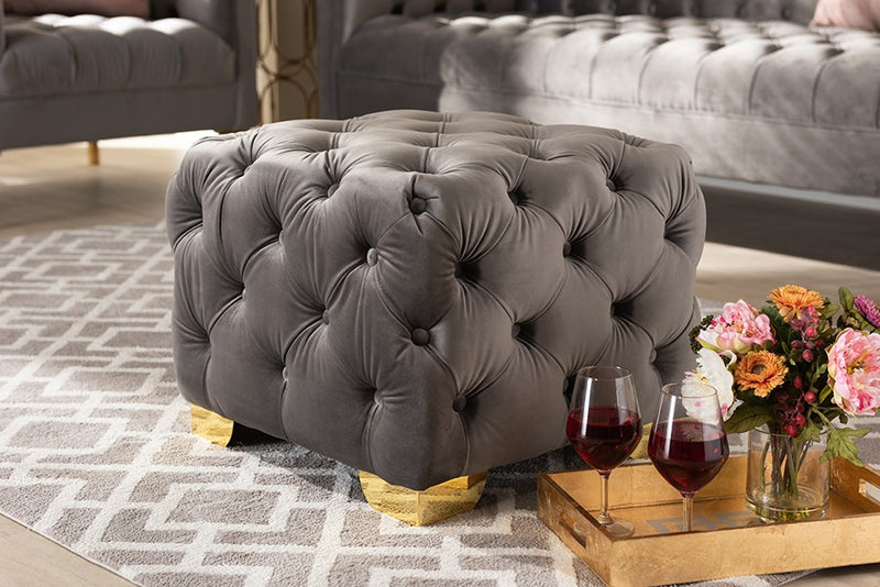 Matthew Gray Velvet Fabric Upholstered Gold Finished Button Tufted Ottoman iHome Studio