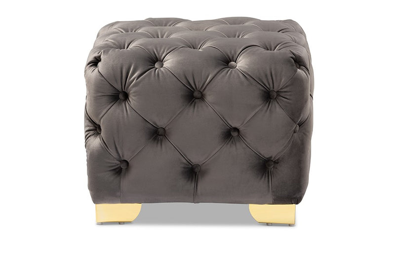 Matthew Gray Velvet Fabric Upholstered Gold Finished Button Tufted Ottoman iHome Studio