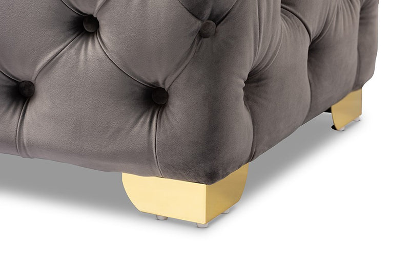 Matthew Gray Velvet Fabric Upholstered Gold Finished Button Tufted Ottoman iHome Studio