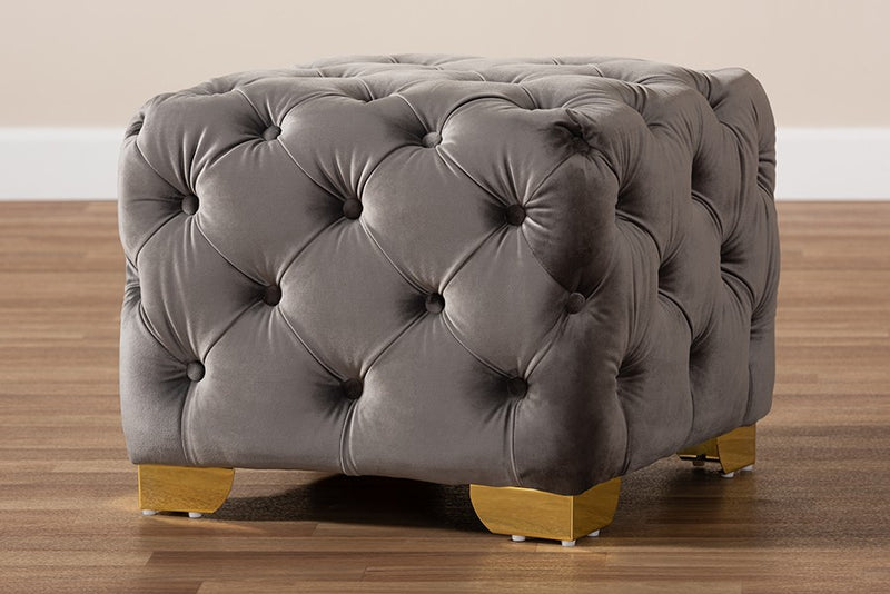 Matthew Gray Velvet Fabric Upholstered Gold Finished Button Tufted Ottoman iHome Studio