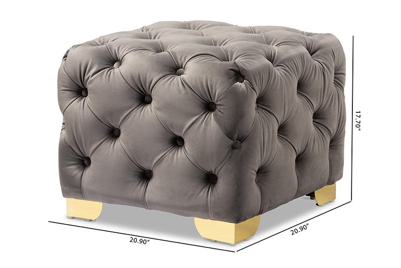 Matthew Gray Velvet Fabric Upholstered Gold Finished Button Tufted Ottoman iHome Studio