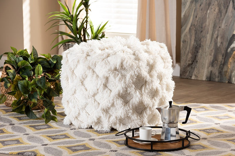 Daniel Moroccan Inspired Ivory Handwoven Cotton Fringe Pouf Ottoman iHome Studio