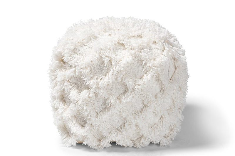 Daniel Moroccan Inspired Ivory Handwoven Cotton Fringe Pouf Ottoman iHome Studio