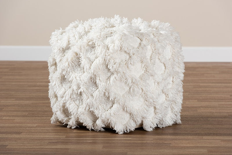 Daniel Moroccan Inspired Ivory Handwoven Cotton Fringe Pouf Ottoman iHome Studio