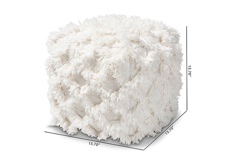 Daniel Moroccan Inspired Ivory Handwoven Cotton Fringe Pouf Ottoman iHome Studio