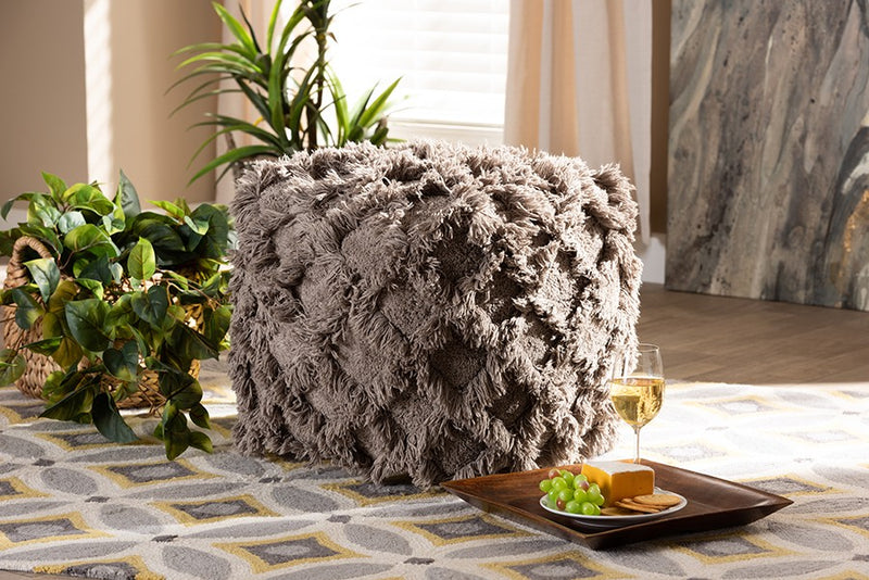 Daniel Moroccan Inspired Taupe Handwoven Cotton Fringe Pouf Ottoman iHome Studio