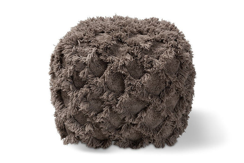 Daniel Moroccan Inspired Taupe Handwoven Cotton Fringe Pouf Ottoman iHome Studio