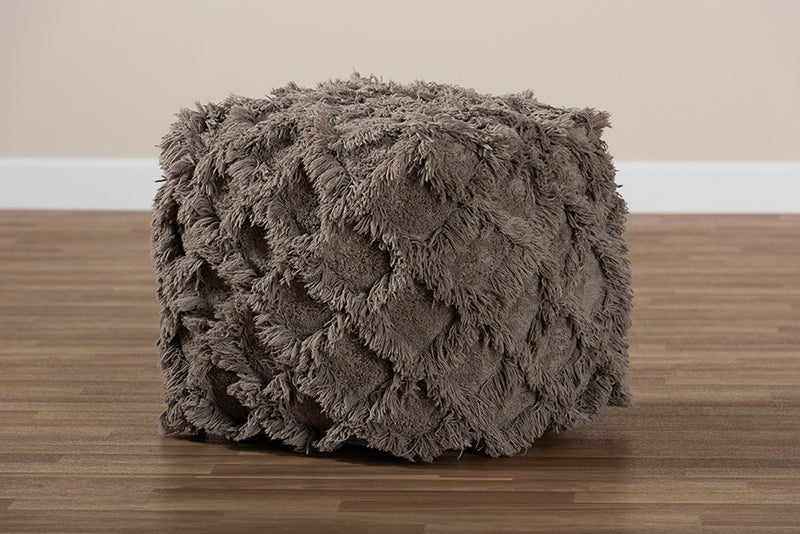 Daniel Moroccan Inspired Taupe Handwoven Cotton Fringe Pouf Ottoman iHome Studio