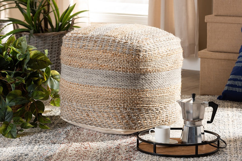 Connor Moroccan Inspired Natural and Grey Handwoven Hemp Pouf Ottoman iHome Studio