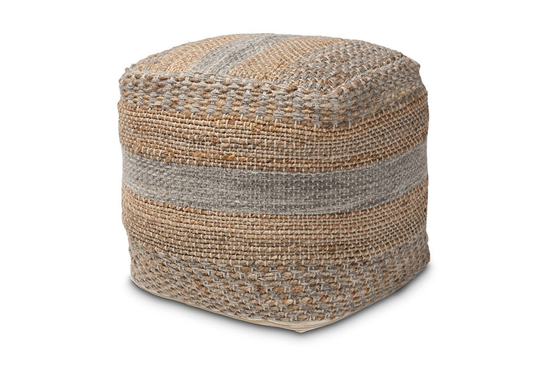 Connor Moroccan Inspired Natural and Grey Handwoven Hemp Pouf Ottoman iHome Studio