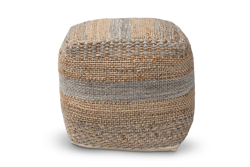 Connor Moroccan Inspired Natural and Grey Handwoven Hemp Pouf Ottoman iHome Studio