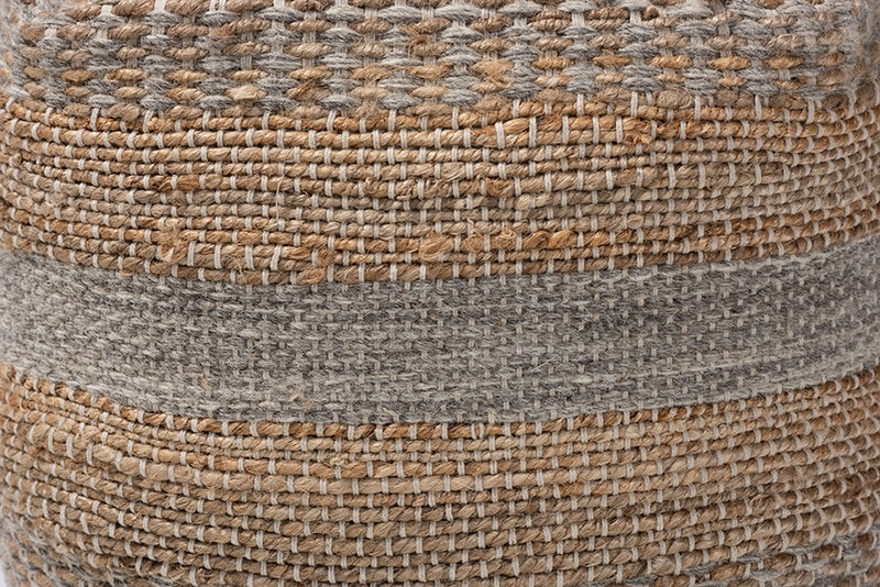 Connor Moroccan Inspired Natural and Grey Handwoven Hemp Pouf Ottoman iHome Studio