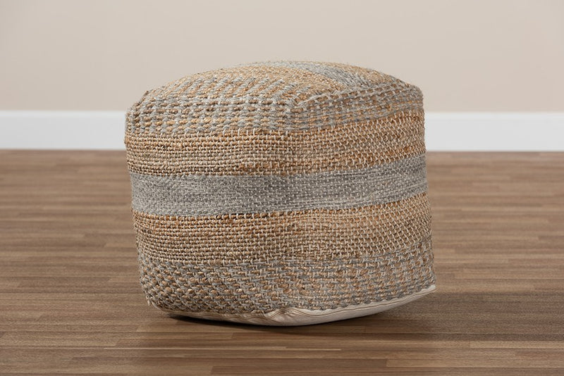 Connor Moroccan Inspired Natural and Grey Handwoven Hemp Pouf Ottoman iHome Studio