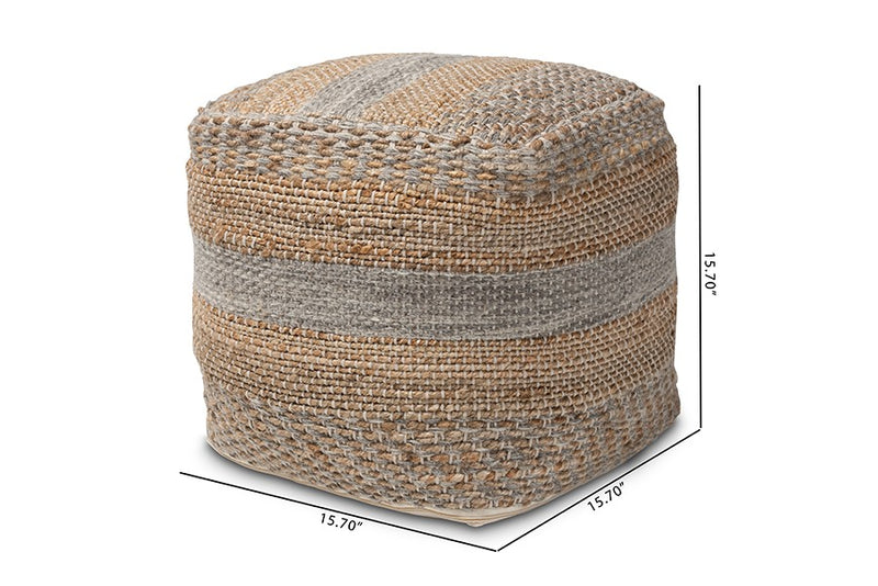 Connor Moroccan Inspired Natural and Grey Handwoven Hemp Pouf Ottoman iHome Studio