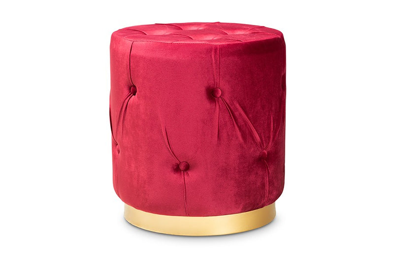 Christian Red Velvet Fabric Upholstered Gold Finished Button Tufted Ottoman iHome Studio