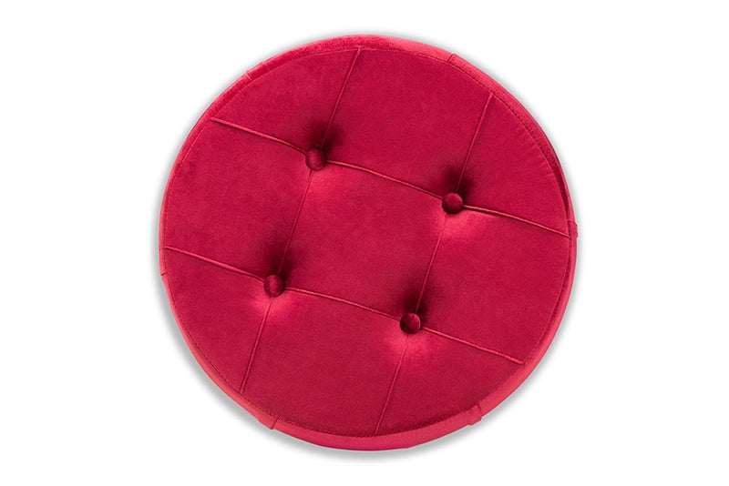 Christian Red Velvet Fabric Upholstered Gold Finished Button Tufted Ottoman iHome Studio