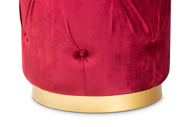 Christian Red Velvet Fabric Upholstered Gold Finished Button Tufted Ottoman iHome Studio