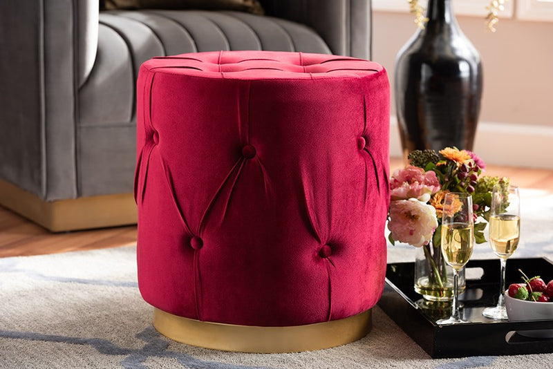 Christian Red Velvet Fabric Upholstered Gold Finished Button Tufted Ottoman iHome Studio