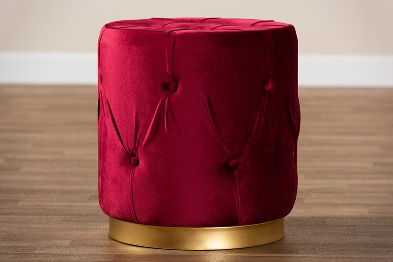 Christian Red Velvet Fabric Upholstered Gold Finished Button Tufted Ottoman iHome Studio