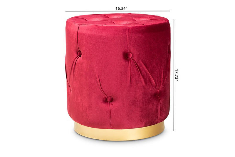 Christian Red Velvet Fabric Upholstered Gold Finished Button Tufted Ottoman iHome Studio